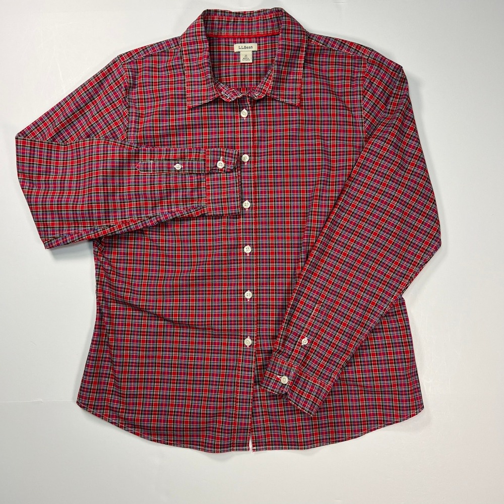 LL Bean Button Down Shirt Womens Medium Red Plaid Cotton Stretch Long Sleeve